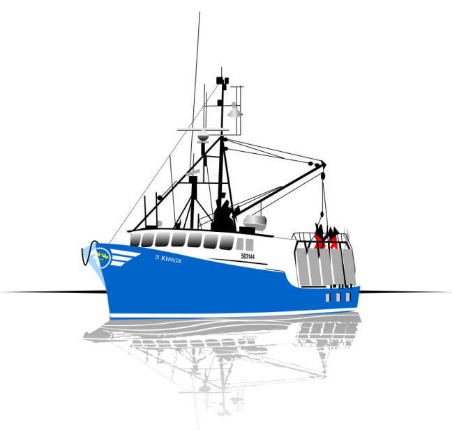 Studio B vector illustration of 3 Kings fishing vessel, for East Side Screenprinting
