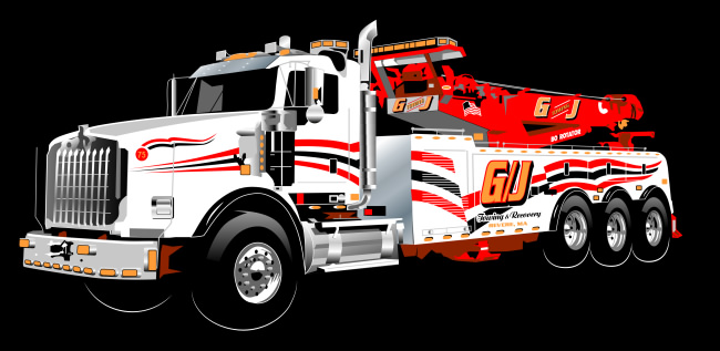 Studio B vector illustration of G/J Towing specialty truck for Oak Advertising